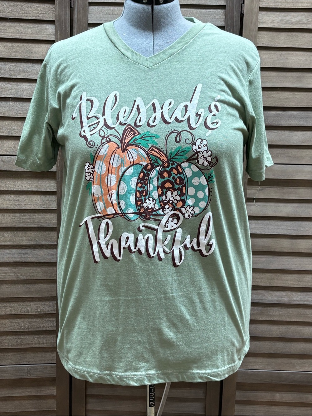 Mint Green 'Blessed & Thankful' Short Sleeve V-Neck Tee